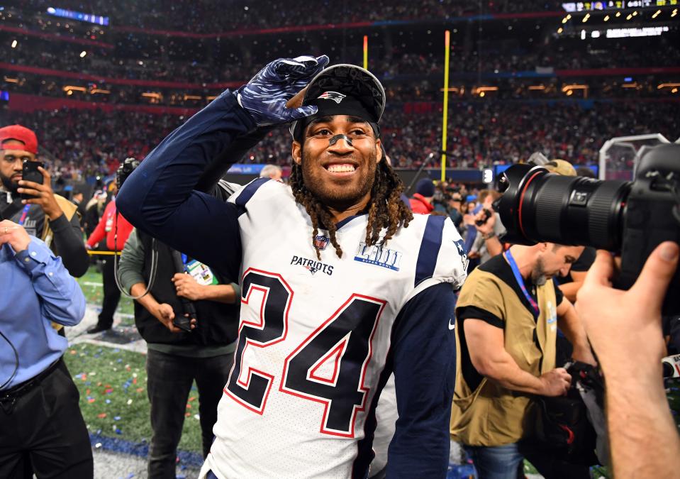 New England Patriots cornerback Stephon Gilmore (24) celebrates after winning Super Bowl LIII against the Los Angeles Rams at Mercedes-Benz Stadium.