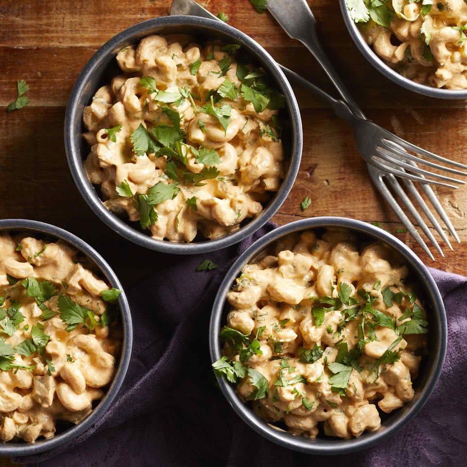 <p>Raw cashews are the base of this velvety smooth sauce. (A high-speed blender will yield you the creamiest results.) Nutritional yeast and tomato paste provide rich umami flavor to this easy vegan dinner. <a href="https://www.eatingwell.com/recipe/266637/vegan-chili-mac/" rel="nofollow noopener" target="_blank" data-ylk="slk:View Recipe;elm:context_link;itc:0;sec:content-canvas" class="link ">View Recipe</a></p>