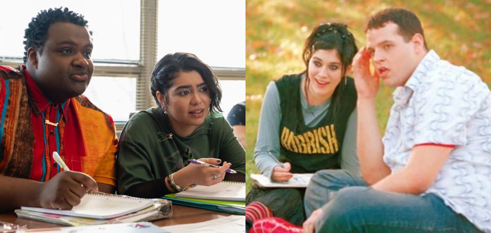 L - Jaquel Spivey plays Damian and Auli'i Cravalho plays Janis in "Mean Girls". R - Lizzy Caplan as Janis Ian and Daniel Franzese as Damian in 2004's "Mean Girls".