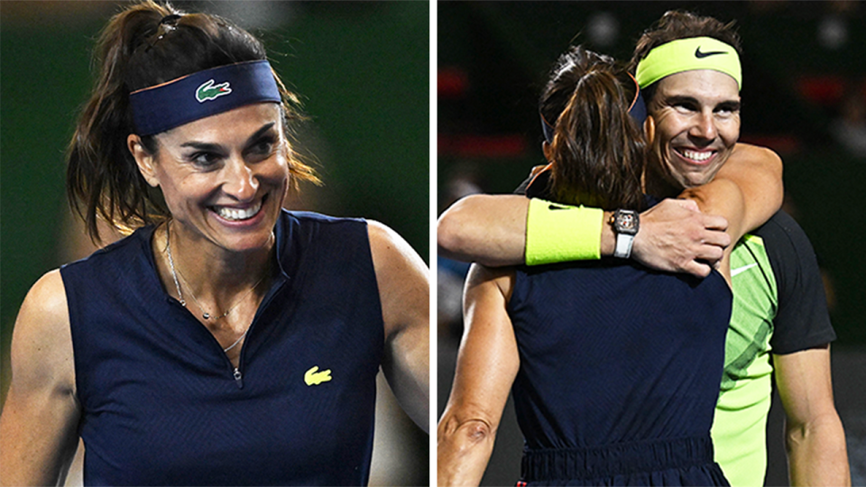 Rafa Nadal (pictured right) hugging Gabriela Sabatini and (pictured left) Sabatini smiling.