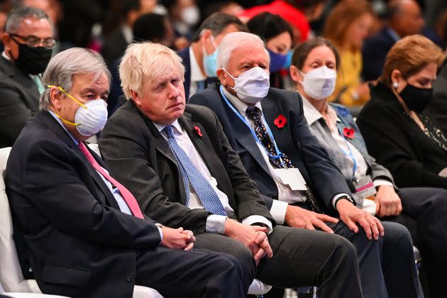 <strong>United Nations secretary general Antonio Guterres, Boris Johnson and David Attenborough listen to a speaker during the opening ceremony of Cop26.</strong> (Photo: JEFF J MITCHELL via Getty Images)