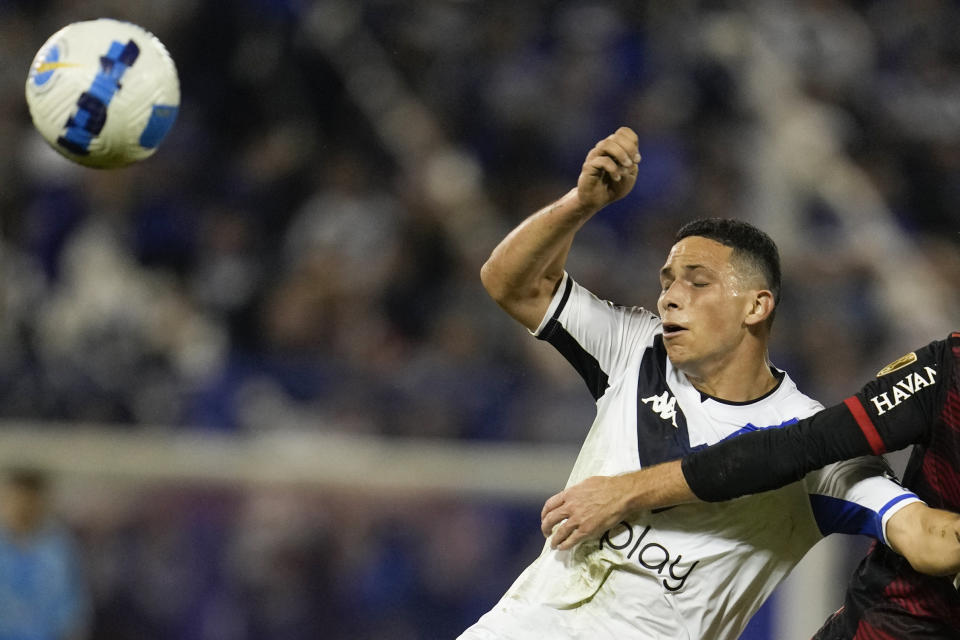 FILE - Abiel Osorio, of Argentina's Velez Sarsfield, plays a Copa Libertadores soccer match in Buenos Aires, Argentina, Aug. 31, 2022. A female journalist filed a complaint against Osorio and three other players from the Argentine soccer club Vélez Sarsfield saying they drugged and raped her on March 2 in Tucumán, Argentina. (AP Photo/Natacha Pisarenko, File)