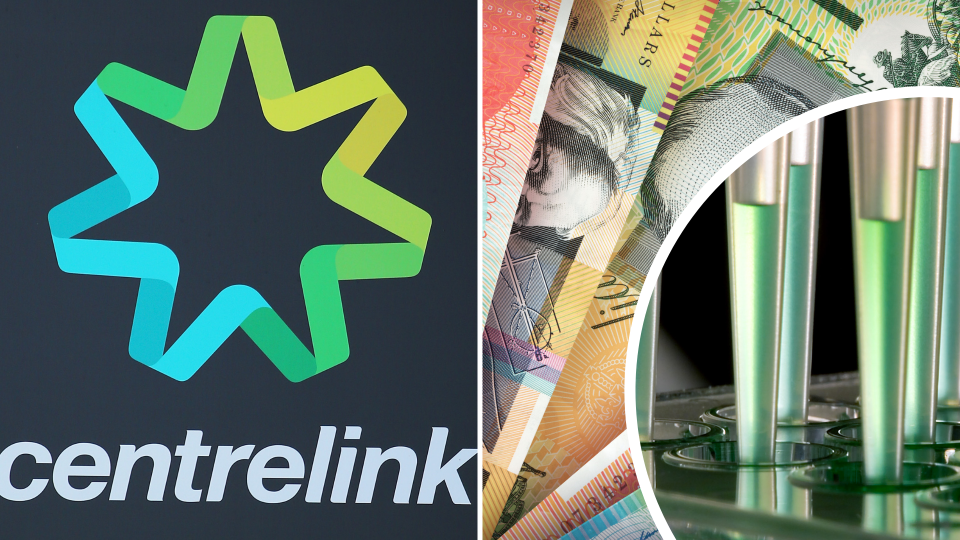 Pictured: Centrelink logo, drug test and Australian cash. Images: Getty