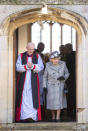 Britain's Queen Elizabeth II leaves after attending a church service at St Mary the Virgin, in Hillington, England, Sunday, Jan. 19, 2020. Buckingham Palace says Prince Harry and his wife, Meghan, will no longer use the titles "royal highness" or receive public funds for their work under a deal that allows them to step aside as senior royals. (Joe Giddens/PA via AP)