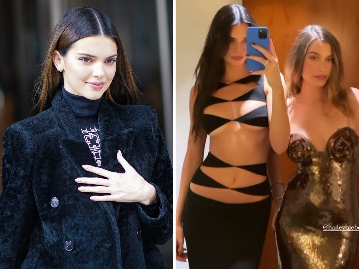 A side-by-side of a photo of Kendall Jenner and a selfie of Kendall Jenner and Hailey Bieber.