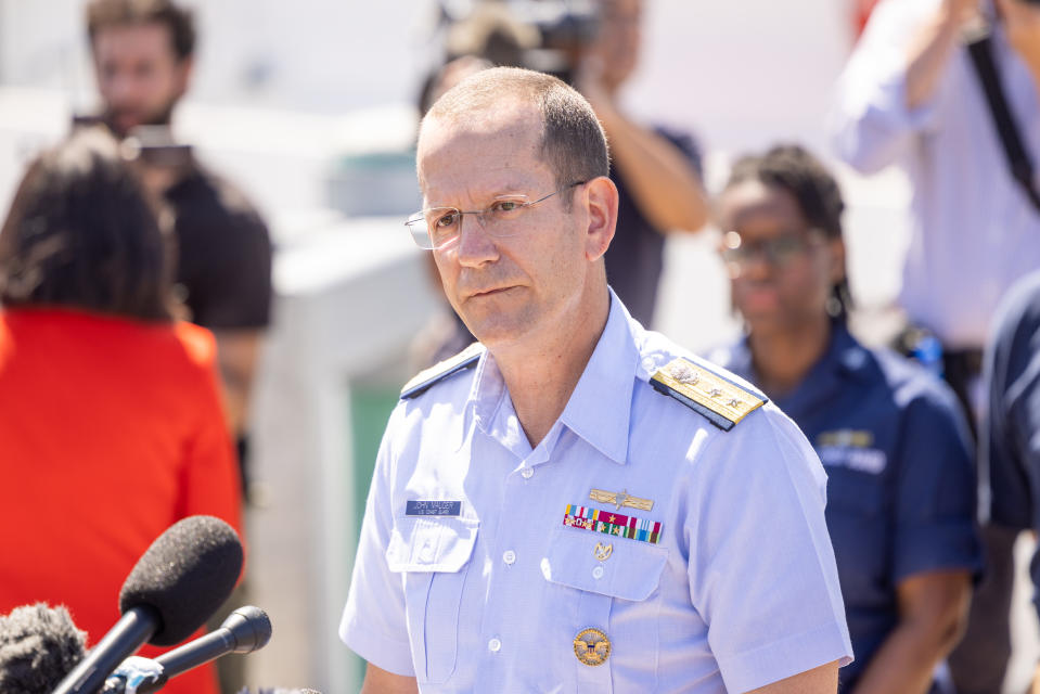 BOSTON, MASSACHUSETTS - JUNE 22:  Rear Adm. John Mauger, the First Coast Guard District commander, gives an update on the search efforts for five people aboard a missing submersible approximately 900 miles off Cape Cod, on June 22, 2023 in Boston, Massachusetts. Remnants believed to be of the Titan submersible were found approximately 1,600 feet from the bow of the Titanic on the sea floor, according to the US Coast Guard, and all five occupants are believed to be dead. (Photo by Scott Eisen/Getty Images)