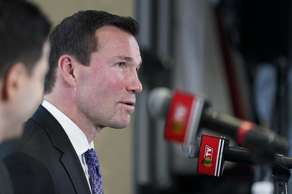 Chicago Blackhawks new head coach Luke Richardson speaks during an NHL hockey news conference in Chicago, Wednesday, June 29, 2022. (AP Photo/Nam Y. Huh)