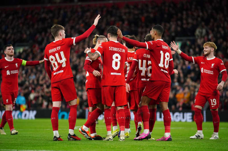 Liverpool's Dominik Szoboszlai celebrates scoring their side's fifth goal of the game during the UEFA Europa League Round of 16, second leg soccer match between Liverpool and Sparta Prague at Anfield. Peter Byrne/PA Wire/dpa