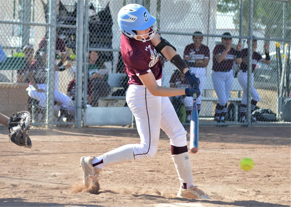 University Prep's Dani Jackman singles up the middle in the fourth inning against Cajon on Thursday, May 5, 2022.