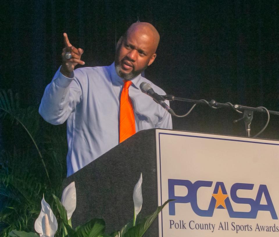 Terrence McGriff, 2023 Hall of Fame Class recipient, speaks after receiving the award during the 2023 Polk County All Sports Awards ceremony at The RP Funding Center in Lakeland Tuesday night. June 13, 2023.