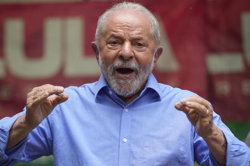 Brazil's former President Luiz Inacio Lula da Silva, who is running for reelection, speaks during a press conference in Sao Paulo, Brazil, Sunday, Oct. 23, 2022. Da Silva will face Brazilian President Jair Bolsonaro in a presidential runoff on Oct. 30. (AP Photo/Andre Penner)