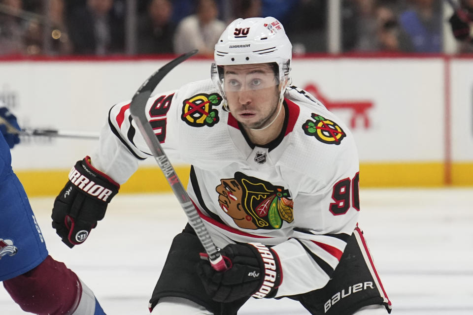 FILE - Chicago Blackhawks center Tyler Johnson (90) skates against the Colorado Avalanche during the second period of an NHL hockey game Wednesday, Oct. 12, 2022, in Denver. Vegas forward Jack Eichel fought for the right to have a never-been-performed-on-an-NHL-player sort of neck surgery. Tyler Johnson underwent the procedure last November. (AP Photo/Jack Dempsey, File)