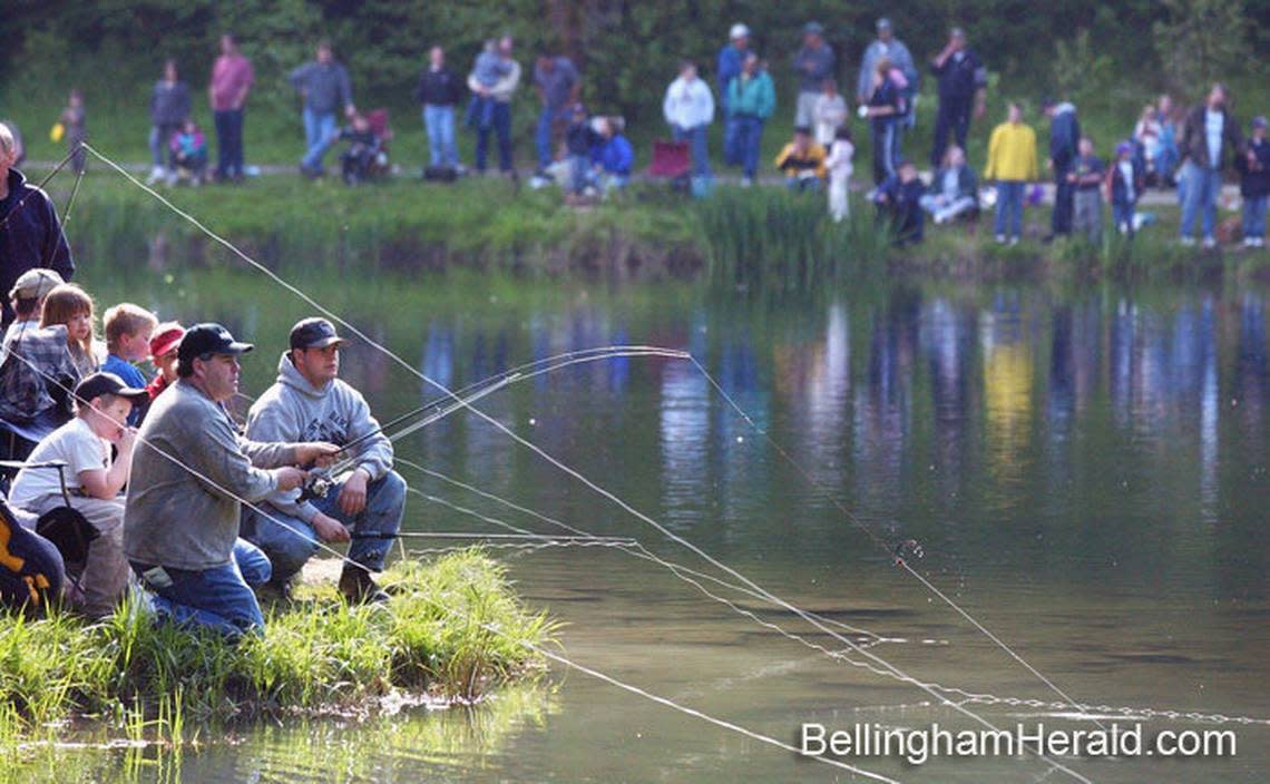 More than 400 participants cast their lines during the annual Bellingham Kids Fishing Derby at Whatcom Falls Park on June 13, 2002.