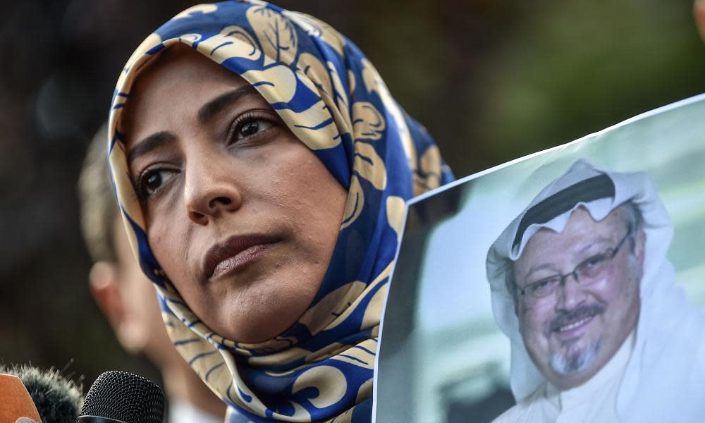 Nobel peace prize laureate Tawakkol Karman holds a picture of Khashoggi during a demonstration in front of the Saudi consulate on 5 October.