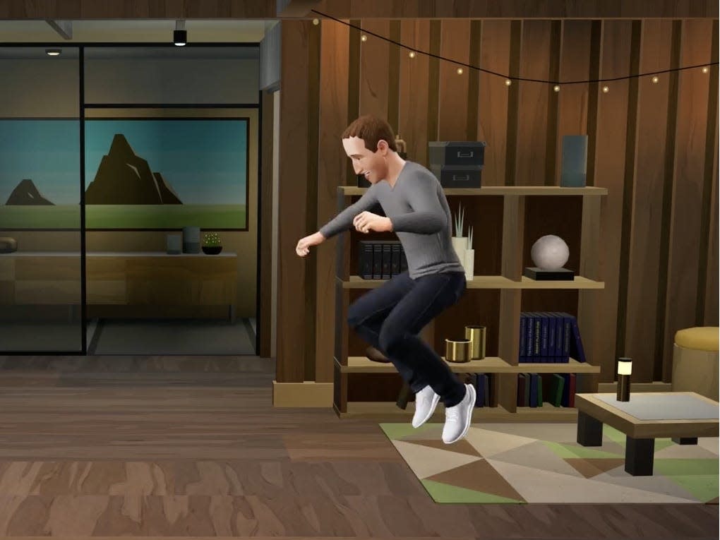 metaverse avatar on the left has her knee up, mark zuckerberg's avatar on the right is jumping in the air