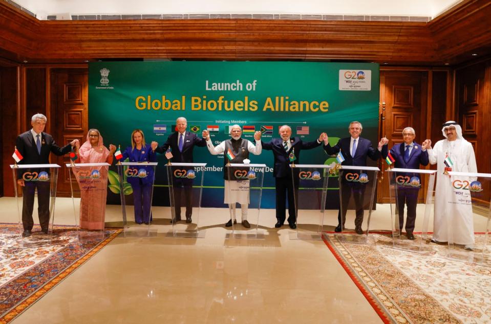 G20 leaders and guest countries leaders attend the launch of the Global Biofuels Alliance at the G20 Summit in New Delhi (POOL/AFP via Getty Images)