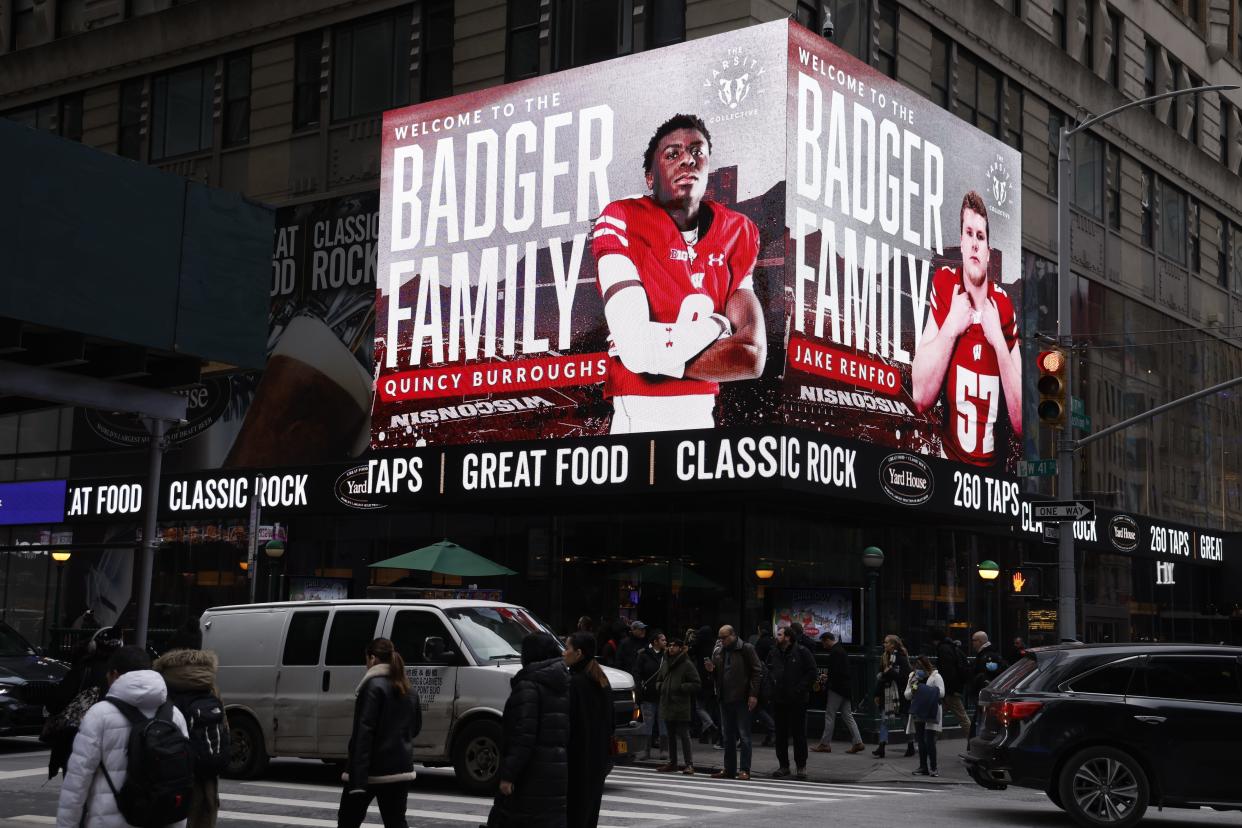 The Varsity Collective Times Square Billboard on February 01, 2023 in New York City. (Photo by John Lamparski/Getty Images for The Varsity Collective)