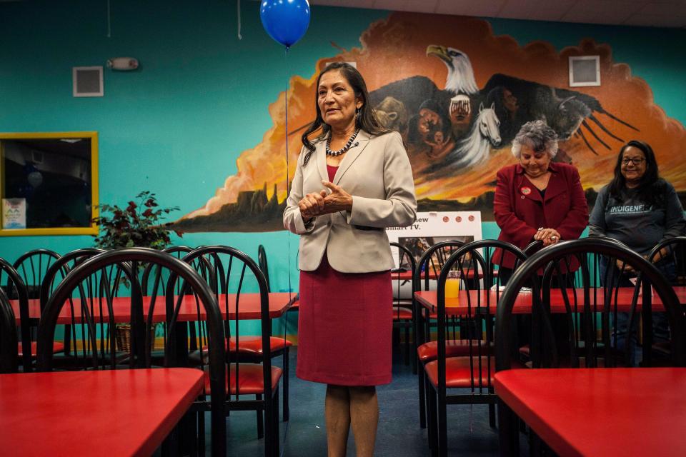 New Mexico congresswoman Deb Haaland, who in 2018 became the first of two Native American women to join the congressional ranks along with Kansas Democrat Sharice Davids, speaks to supporters during her visit to the Albuquerque Indian Center in Albuquerque, N.M., in 2018.