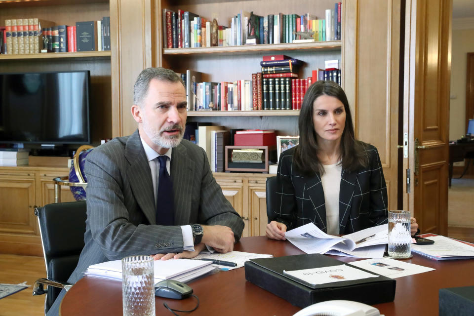 MADRID, SPAIN - APRIL 20: In this handout photo provided by Casa de S.M. el Rey Spanish Royal Household, King Felipe VI of Spain and Queen Letizia of Spain take part in a video conference with different sport entities at Zarzuela Palace on April 20, 2020 in Madrid, Spain. (Photo by Casa de S.M. el Rey Spanish Royal Household via Getty Images)