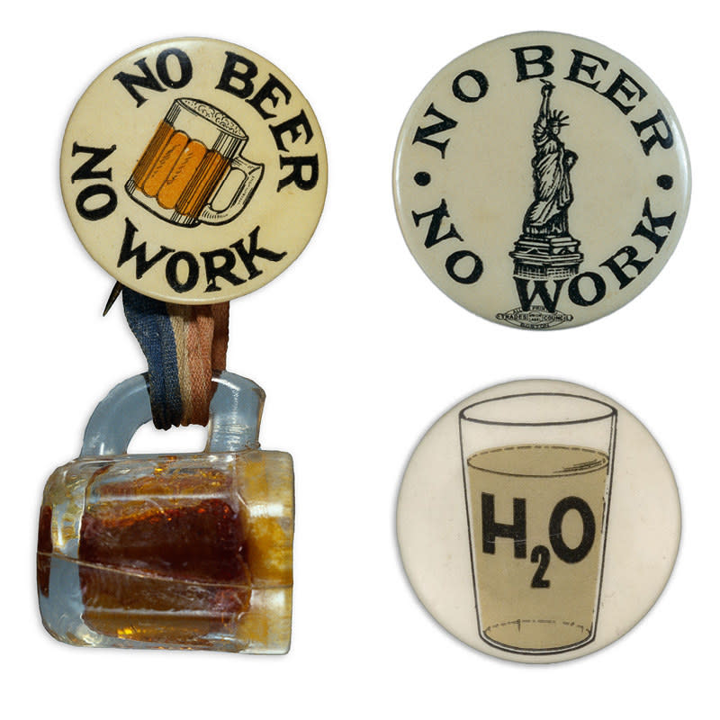 Buttons read "no beer, no work" and show a glass filled with liquid labeled "H2O"