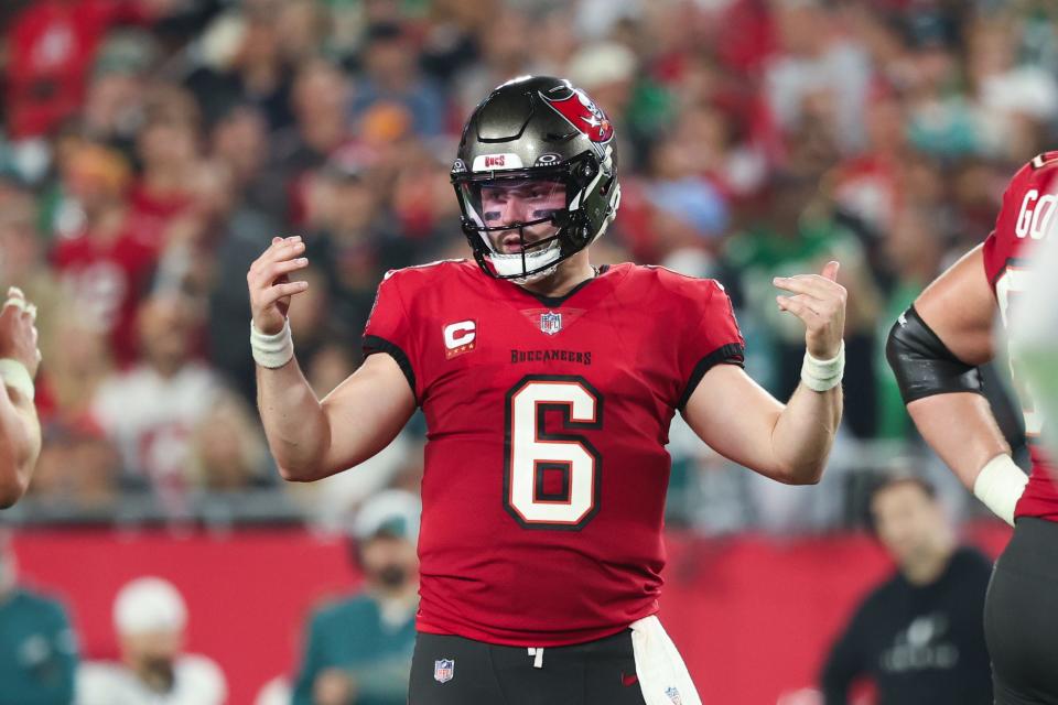 Jan 15, 2024; Tampa, Florida, USA; Tampa Bay Buccaneers quarterback Baker Mayfield (6) gestures before the snap against the Philadelphia Eagles during the first half of a 2024 NFC wild card game at Raymond James Stadium. Mandatory Credit: Kim Klement Neitzel-USA TODAY Sports