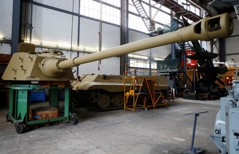 Turret is seen beside the hull of a German World War II Tiger II "King Tiger" tank at Swiss Military Museum Full in Full