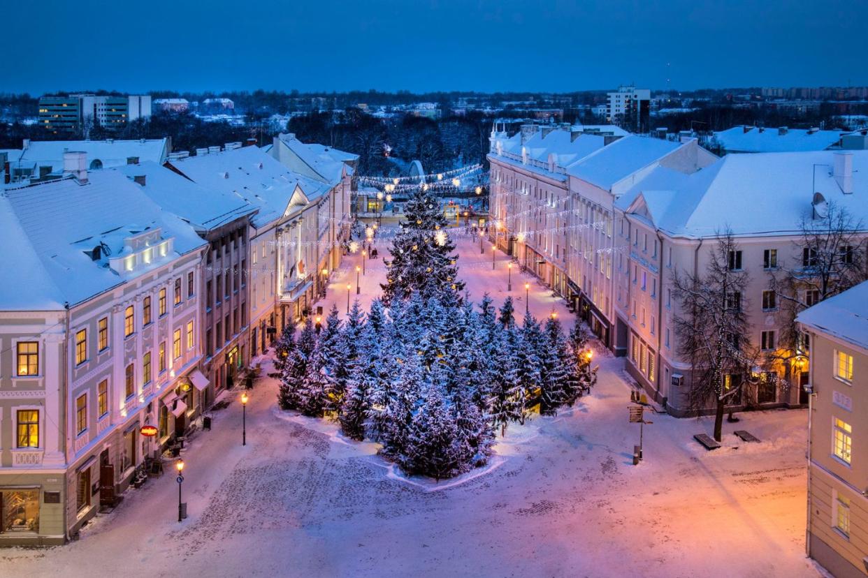 town square hall covered in snow in Tarty Estonia