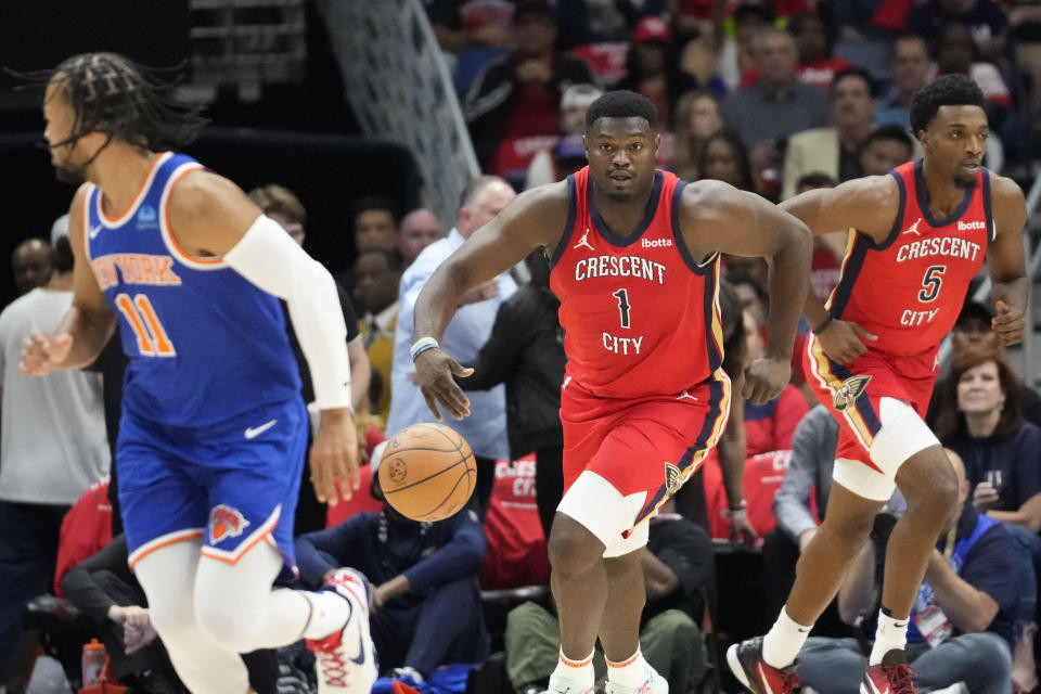 New Orleans Pelicans forward Zion Williamson (1) moves the ball down court in the first half of an NBA basketball game against the New York Knicks in New Orleans, Saturday, Oct. 28, 2023. (AP Photo/Gerald Herbert)