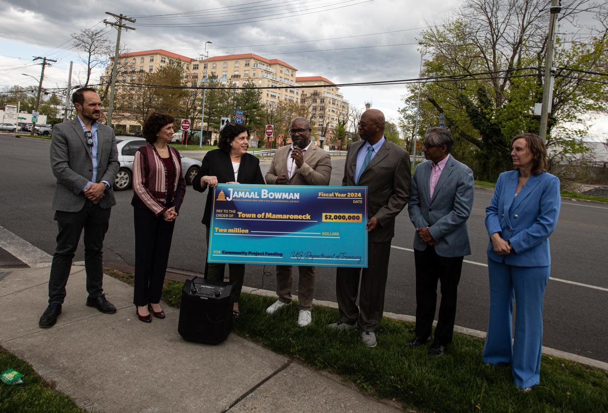 Rep. Jamaal Bowman stands with Town of Mamaroneck officials at the intersection of Madison Ave. and New Jefferson St. July 24, 2024. The town plans to use a $2 million grant that Bowman helped secure to create a roundabout at the busy intersection, which also includes an entrance to I-95.