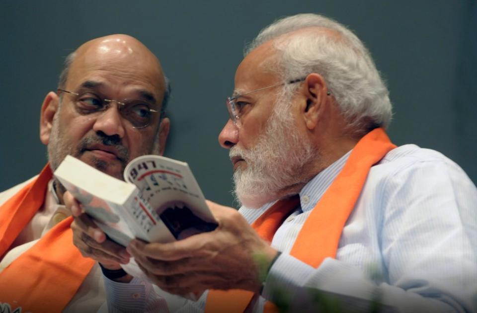 PM Narendra Modi with Home Minister and president of BJP Amit Shah at a Parliamentary Party meeting in Parliament in Delhi on 3 August 2019