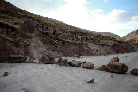 Residents block a street during a protest against Las Bambas mine in Apurimac, September 29, 2015. REUTERS/ El Comercio