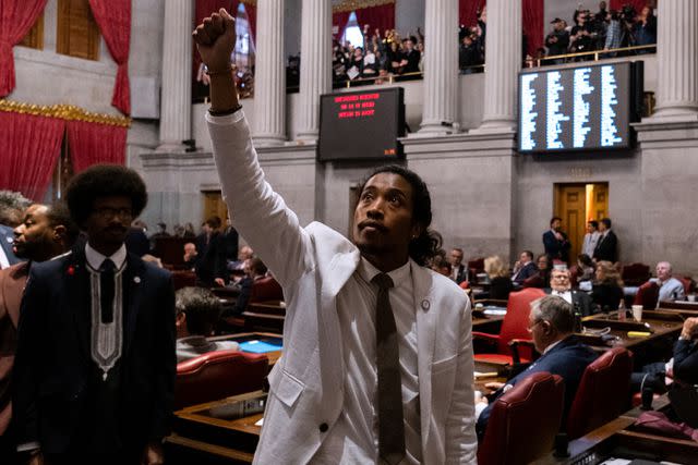 <p>Seth Herald/Getty</p> State Rep. Justin Jones in the Tennessee State Capitol on April 6
