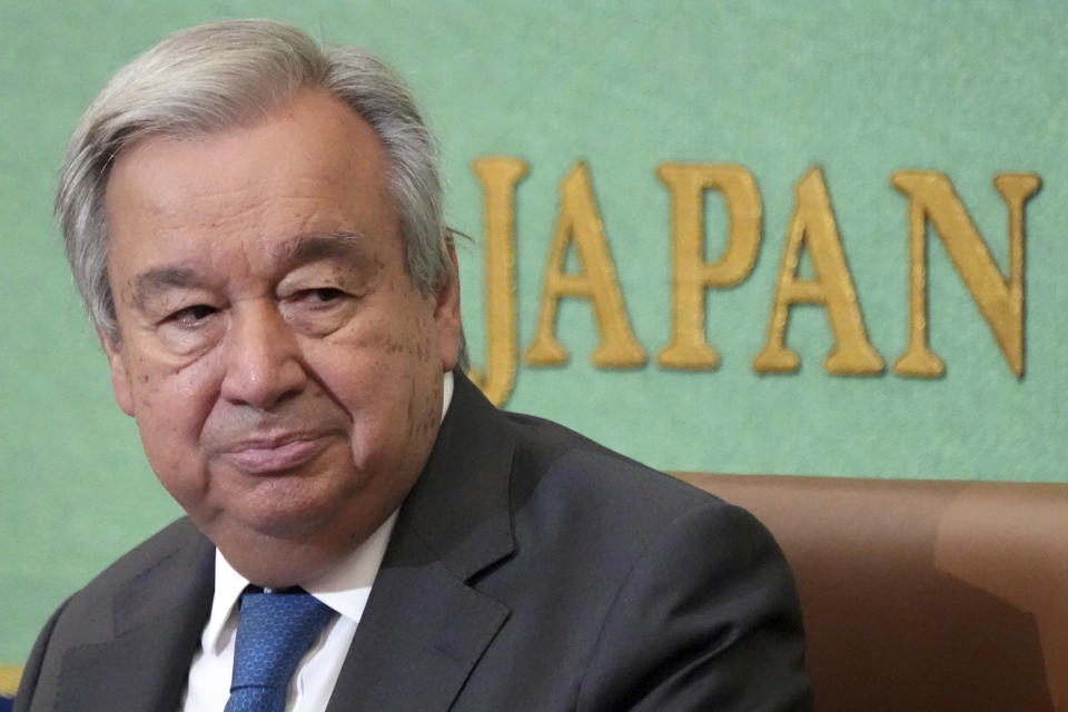 Secretary-General of the United Nations Antonio Guterres delivers a speech at the Japan National Press Club in Tokyo, Monday, Aug. 8, 2022. Guterres urged countries with nuclear weapons to stick to their no-first-use commitment of their atomic arsenals, warning that the nuclear arms race has returned amid growing international tension. (AP Photo/Eugene Hoshiko)