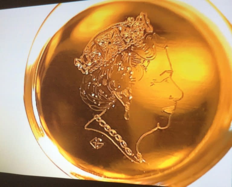 An undated handout photograph taken by micro-engraver Graham Short shows an image of Britain's Queen Elizabeth II engraved into the eye of a needle