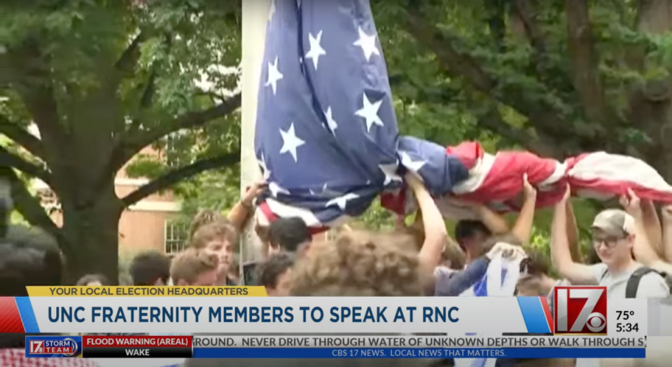 Frat brothers who held up the flag at UNC Chapel Hill amid Gaza solidarity protests are going to speak at the RNC (CBS 17/screengrab)