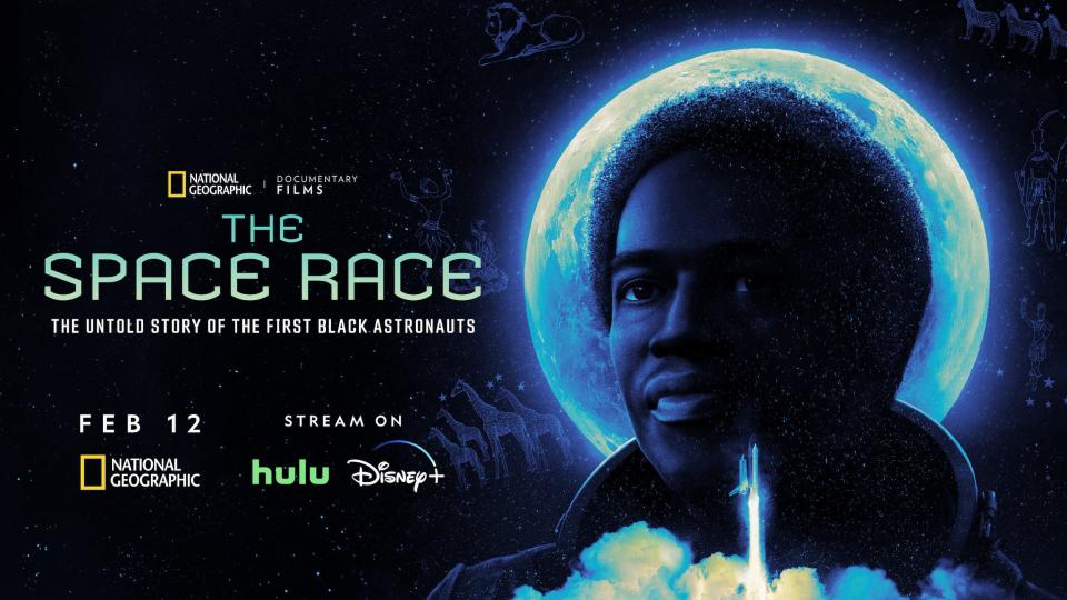 Artwork for "The Space Race" shows a Black astronaut in front of the moon as a space shuttle takes off.