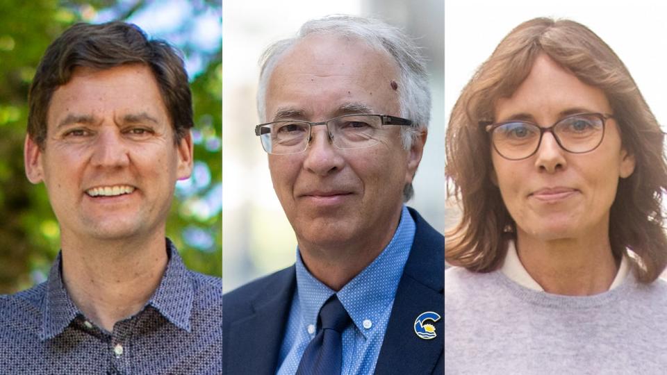 From left: B.C. NDP Leader David Eby, B.C. Conservative Party Leader John Rustad, B.C. Green Party Leader Sonia Furstenau.