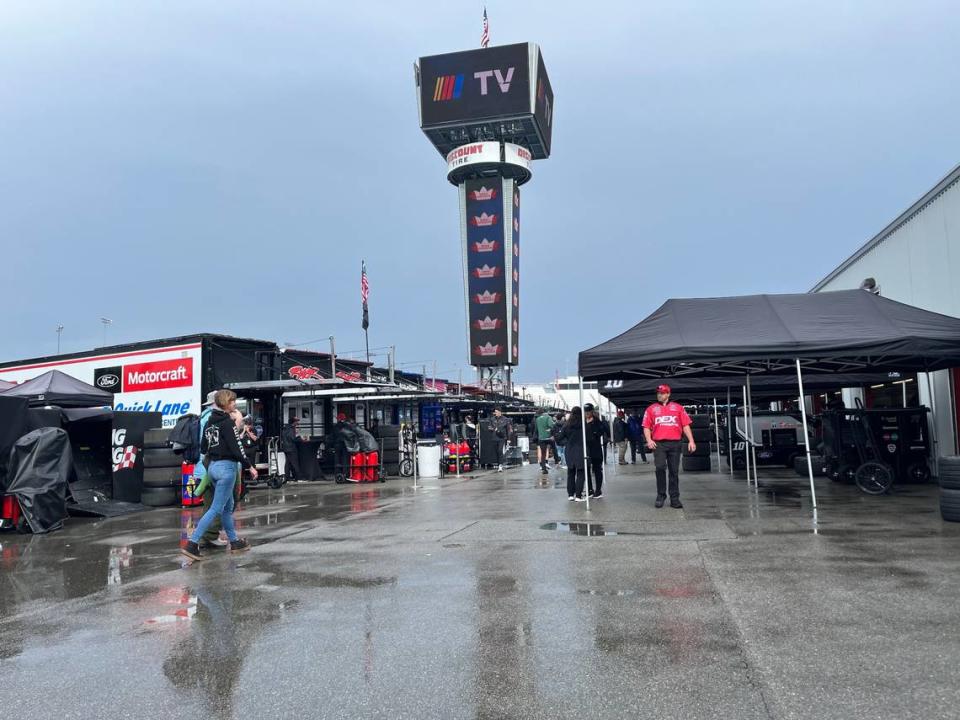 The ground of the garage area was damp throughout the pre-race festivities at Richmond Raceway on Sunday, March 31, 2024, in Richmond, Va.