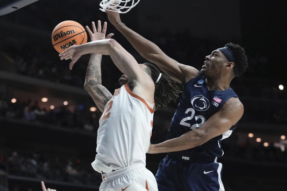 Penn State's Jalen Pickett fouls Texas' Christian Bishop during the second half of a second-round college basketball game in the NCAA Tournament Saturday, March 18, 2023, in Des Moines, Iowa. (AP Photo/Morry Gash)