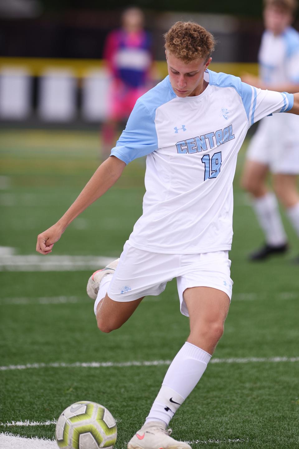 Hanover Park plays West Morris in a boys soccer scrimmage in East Hanover on Tuesday August 31, 2021. WM #19 Josh Thies kicks the ball.