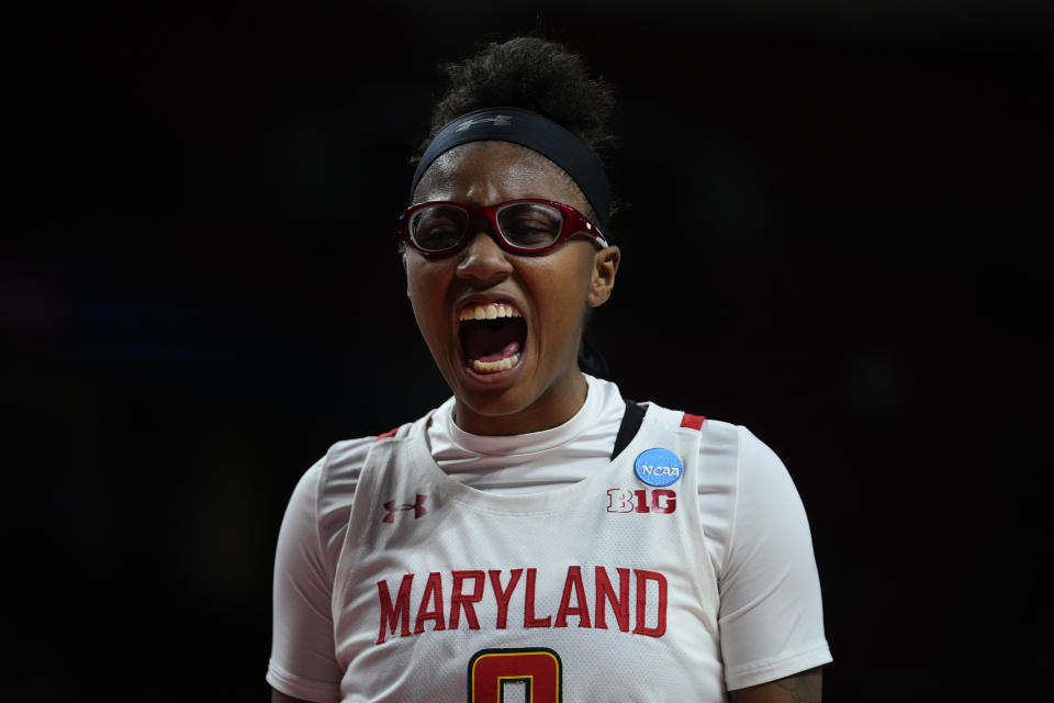 Maryland guard Shyanne Sellers reacts after a basket against Arizona during the second half of a second-round college basketball game in the NCAA Tournament, Sunday, March 19, 2023, in College Park, Md. Maryland won 77-64. (AP Photo/Julio Cortez)