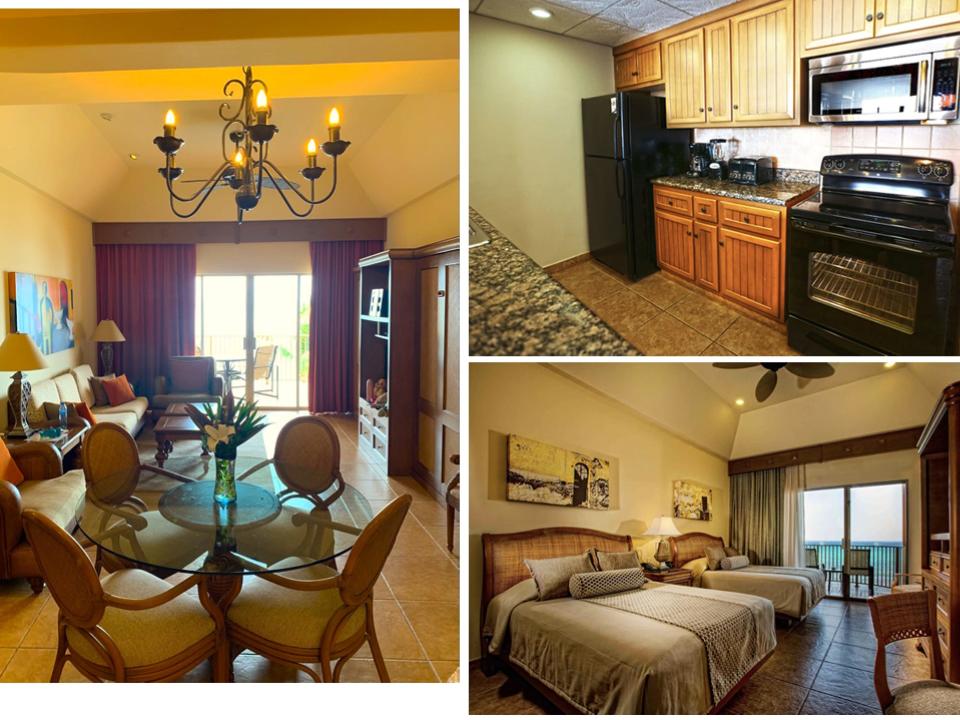 A collage of images showing a hotel bedroom, bathroom, kitchen, and living room.