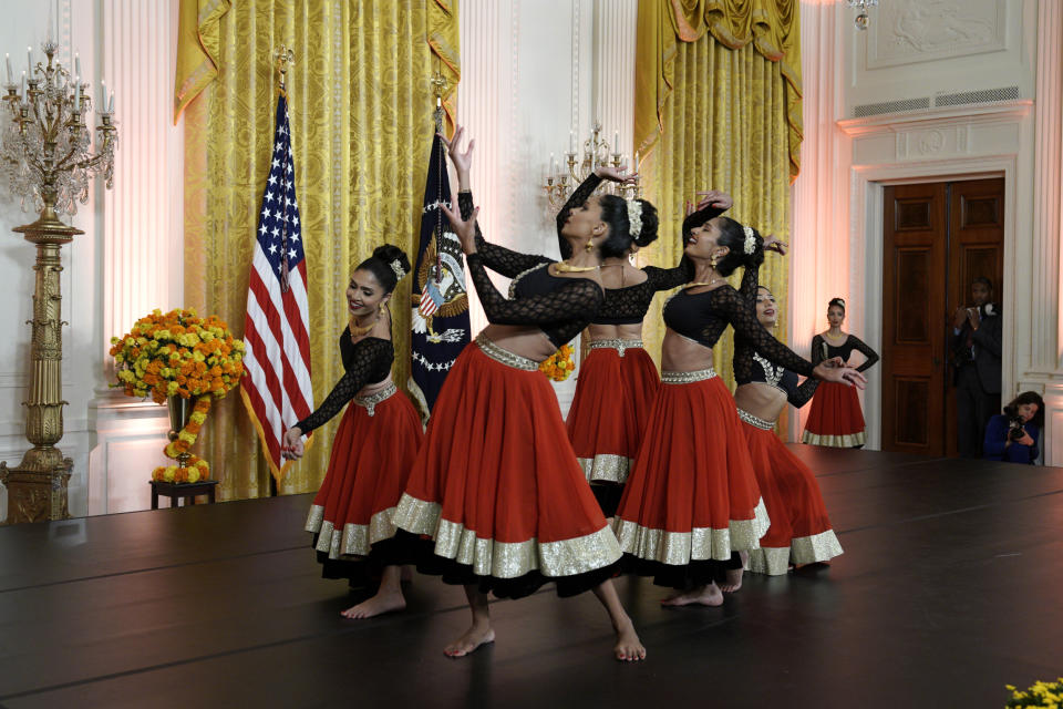 Dancers from the Sa Dance Company perform during a reception to celebrate Diwali at the White House (Yuri Gripas/ABACA / Sipa USA via AP)
