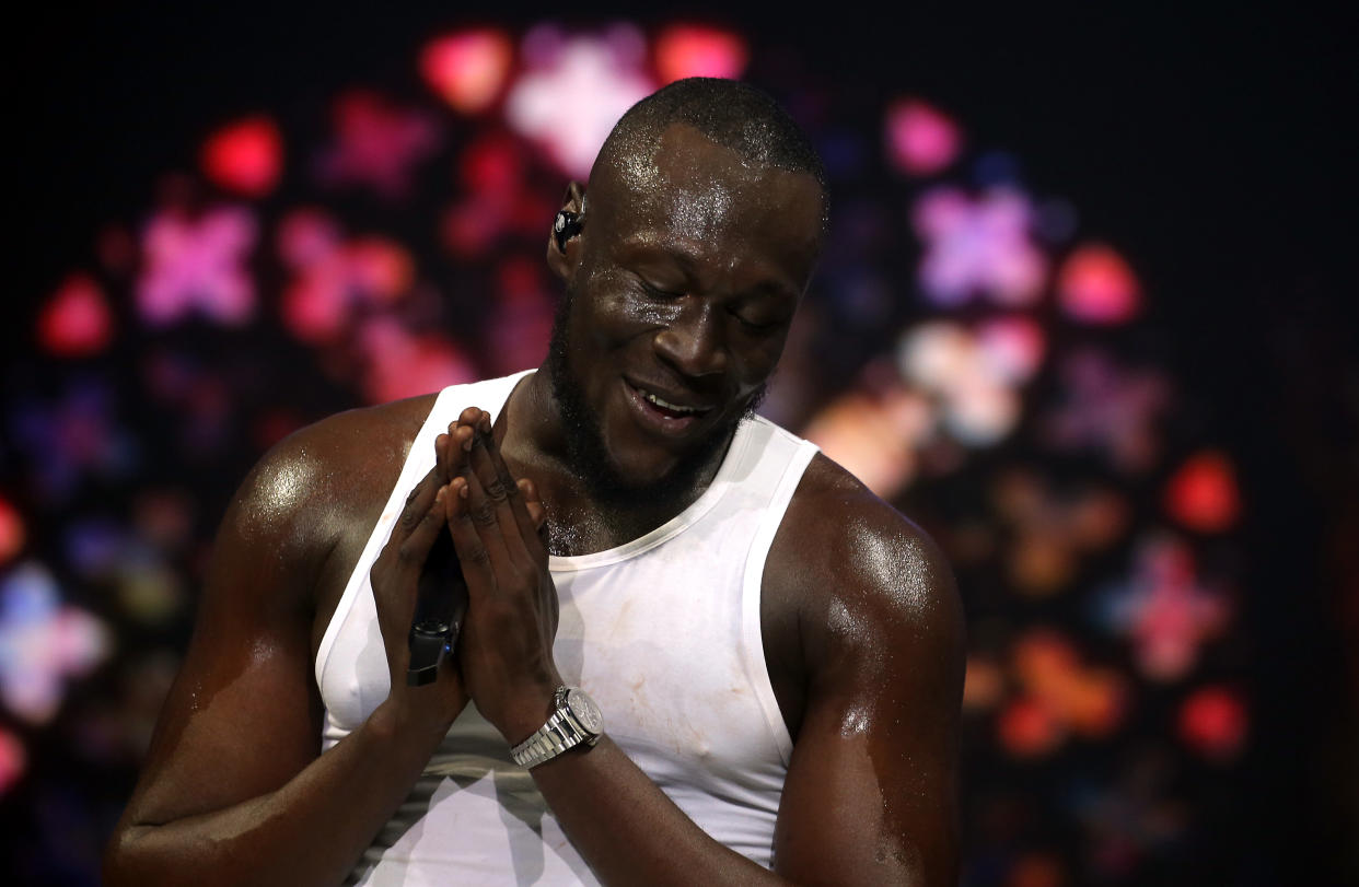 Stormzy performs on stage during day one of Capital's Jingle Bell Ball with Seat at London's O2 Arena. (Photo by Isabel Infantes/PA Images via Getty Images)