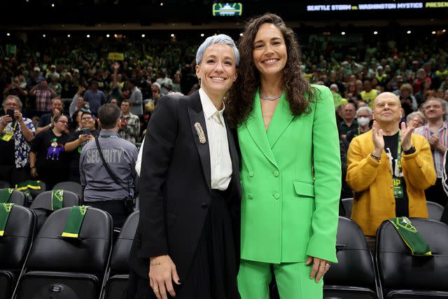 <p>Steph Chambers/Getty</p> Megan Rapinoe and Sue Bird pose for a portrait before the game between the Seattle Storm and the Washington Mystics