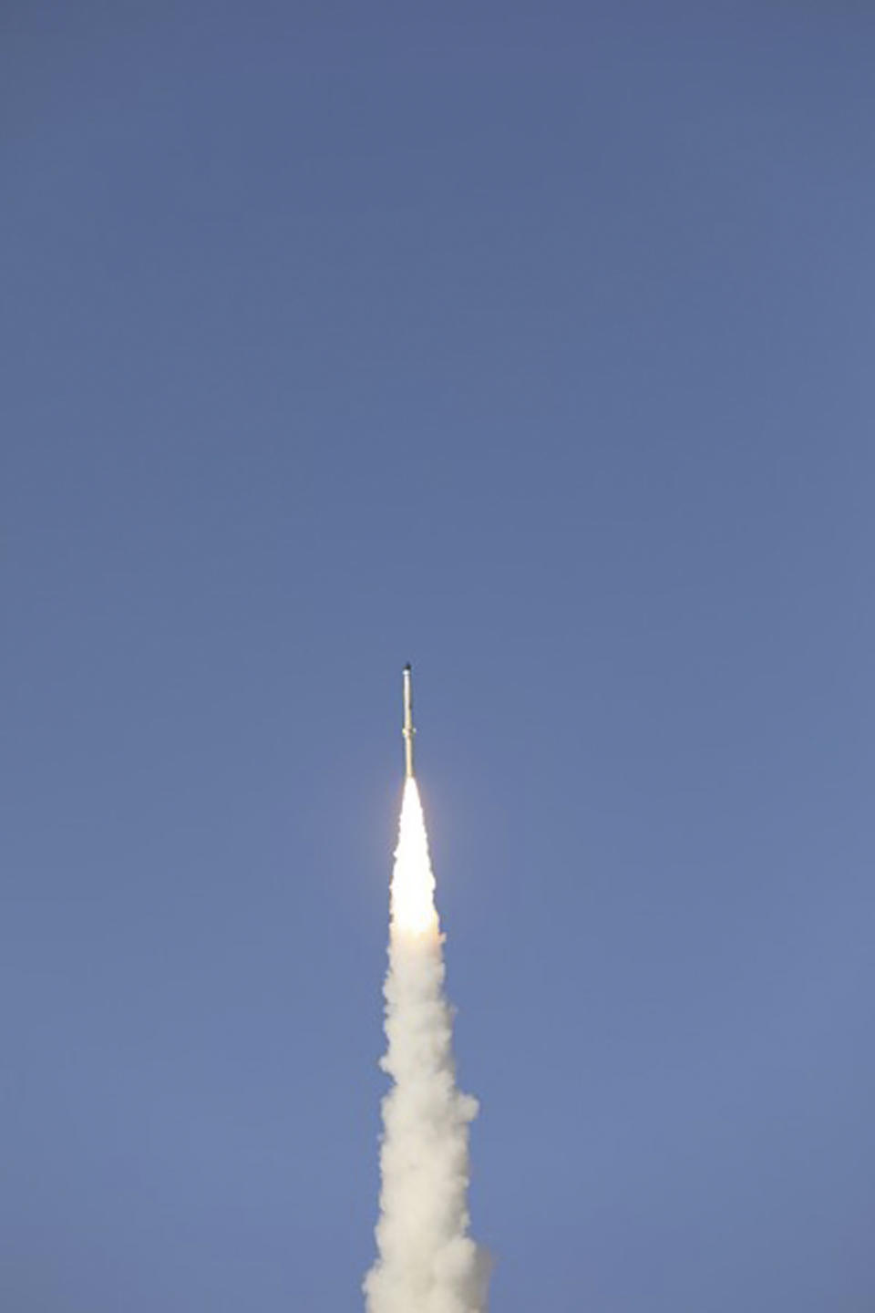 This picture released by the official website of the Iranian Defense Ministry on Monday, Feb. 1, 2021, shows the launch of Iran's newest satellite-carrier rocket, called "Zuljanah," at an undisclosed location, Iran. State TV on Monday aired the launch of the rocket, which it said was able to reach a height of 500 km (310 miles) and is capable of carrying a 200-kilogram (440-pound) satellite. It did not launch a satellite into orbit. (Iranian Defense Ministry via AP)