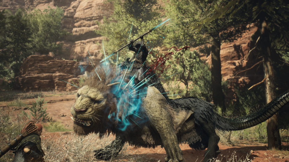 A player climbing onto a chimera to attack it in Dragon's Dogma 2.