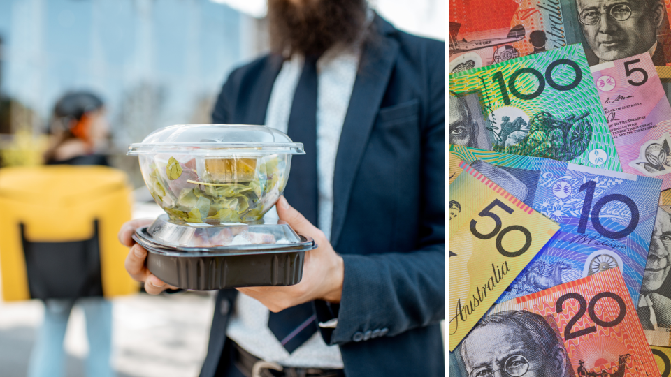 A composite image of a business man holding two plastic takeaway containers and Australian currency to represent fines for single use plastics.