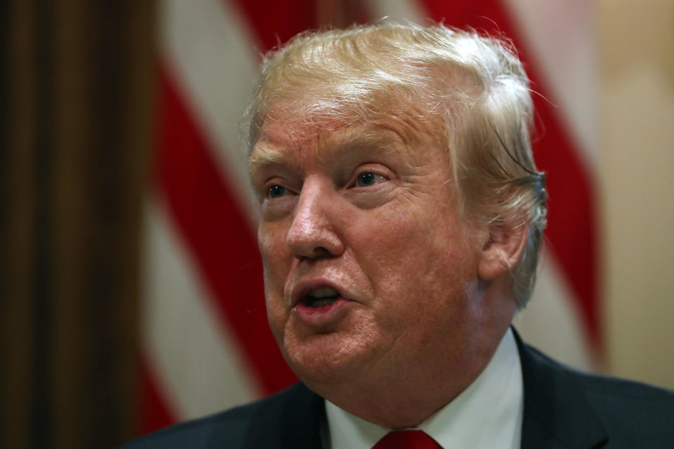 President Donald Trump speaks about tariffs, Thursday, Jan. 24, 2019, in the Cabinet Room of the White House in Washington. (AP Photo/Jacquelyn Martin)