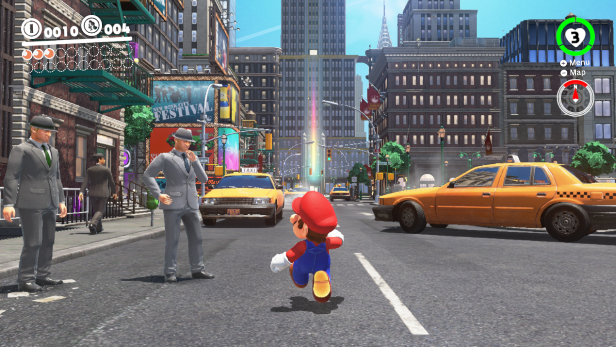 Mario explores strange and fascinating new worlds, like New Donk City. (Credit: Nintendo)Mario in New Donk City